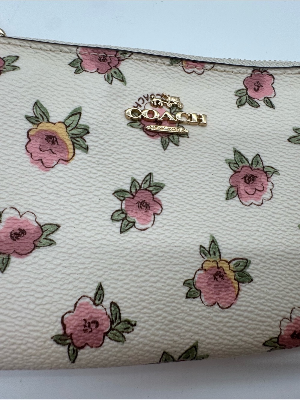Coach Cream Floral Leather Wristlet with Pink Accents - Picture 2 of 9